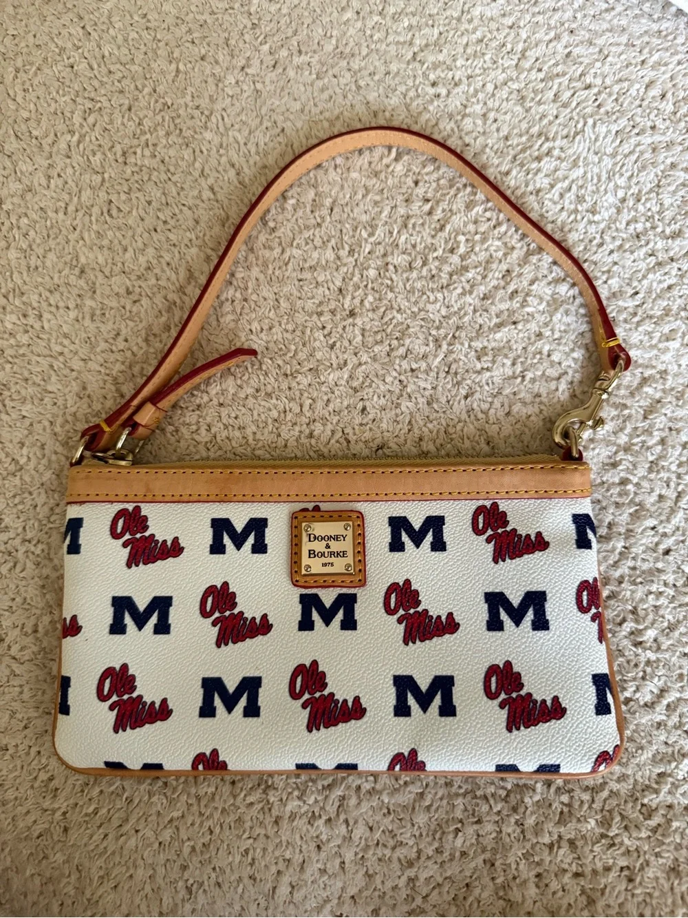 Dooney & Bourke White Wristlet with Red Ole Miss Script & Navy M Logos